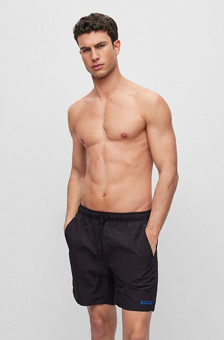 Swim shorts in quick-drying fabric with embroidered logo, Black