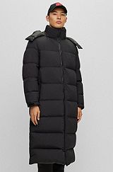 Long-length down puffer coat with water-repellent finish, Black