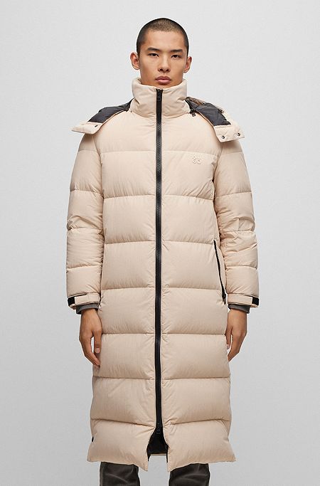 Long-length down puffer coat with water-repellent finish, Light Beige