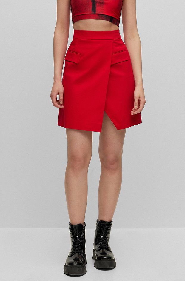 Wrap-effect mini skirt in stretch cotton, Red