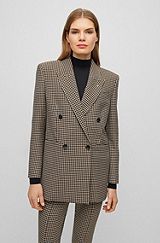 Double-breasted relaxed-fit jacket in houndstooth stretch cloth, Beige