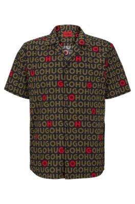 HUGO - リラックスフィットシャツ ロゴプリント コットンポプリン