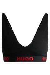 Stretch-cotton triangle bra with repeat logos, Black