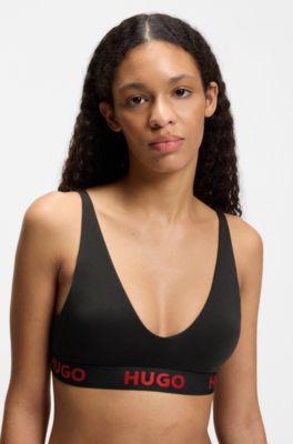 Stretch-cotton triangle bra with repeat logos, Black