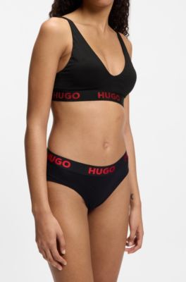 Stretch-cotton triangle bra with repeat logos, Black