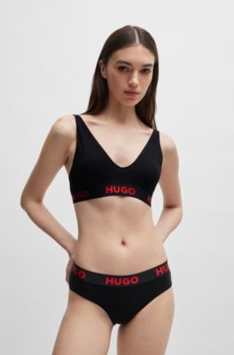 Stretch-cotton triangle bra with repeat logos, Black