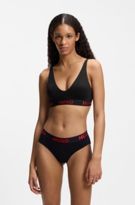 Stretch-cotton triangle bra with repeat logos, Black