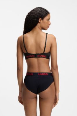 Stretch-cotton triangle bra with repeat logos, Black