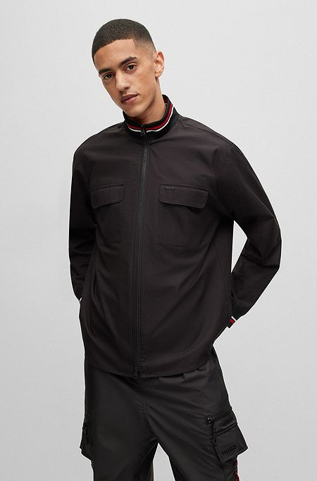 Oversized-fit overshirt met ritssluiting van papierachtige katoenen popeline, Zwart