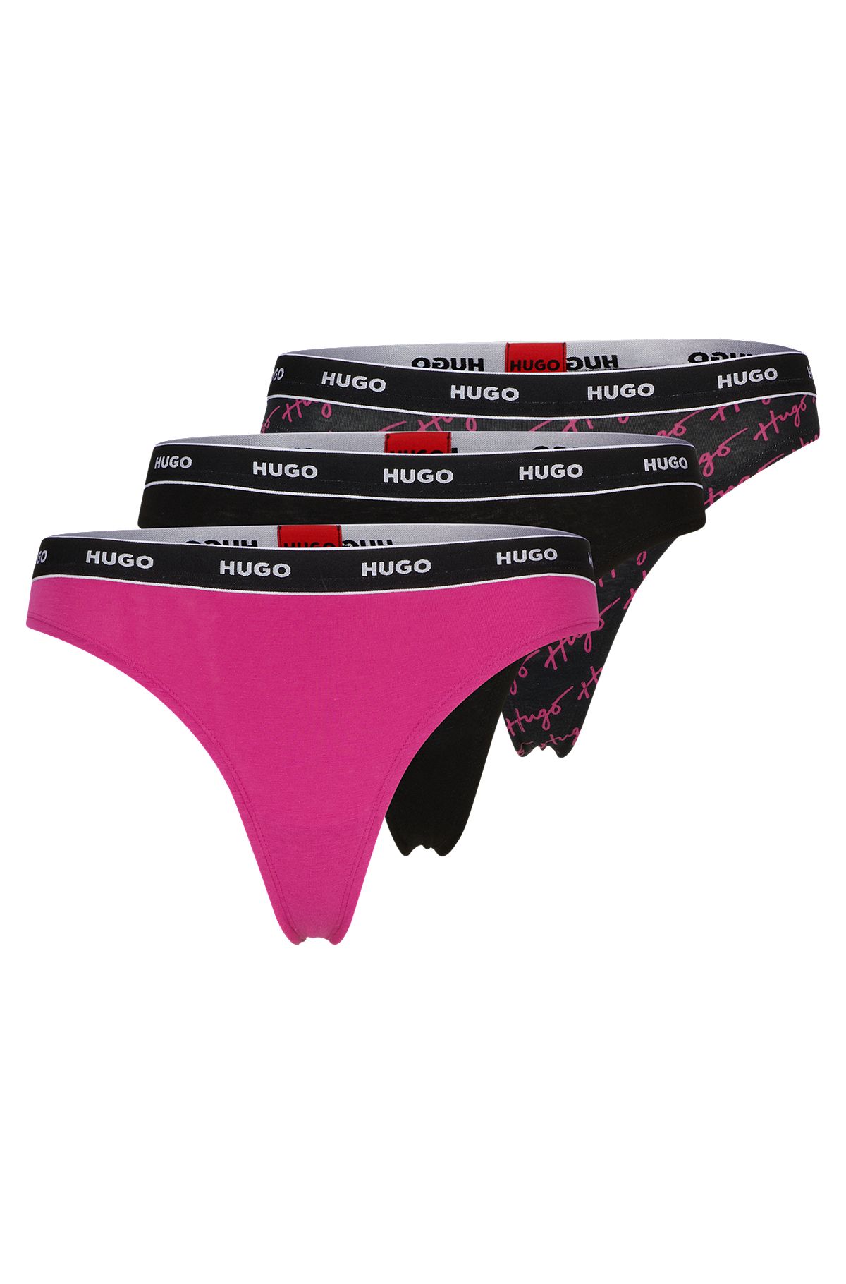 Three-pack of stretch-cotton thongs with logo waistbands, Patterned