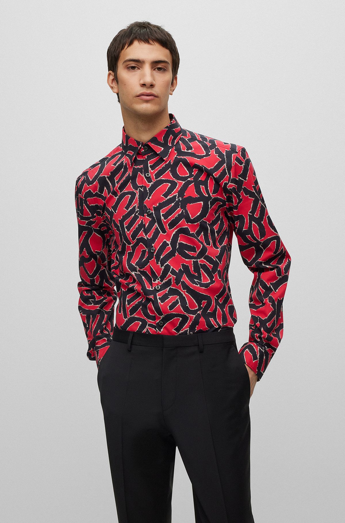 Slim-fit shirt in printed organic cotton with stretch, Red Patterned