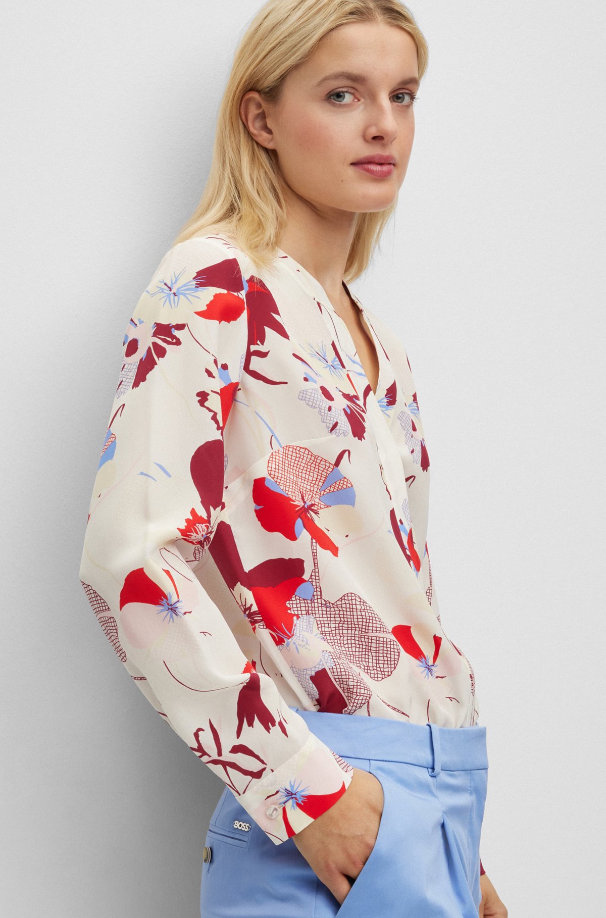 Regular-fit blouse van zijde met bloemenprint, Bedrukt
