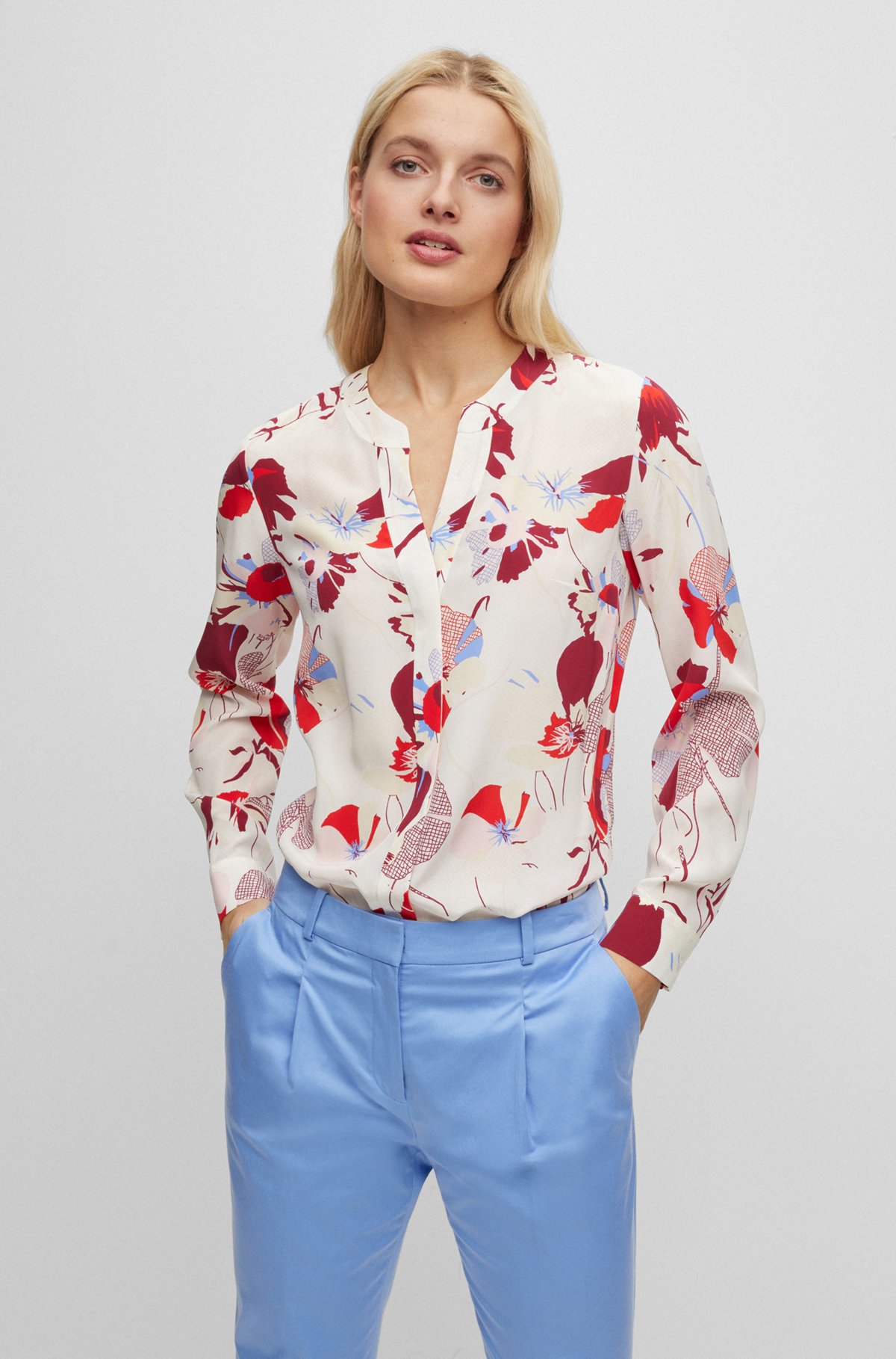 Блузка стандартного кроя из шелка с цветочным принтом, Узорчатый