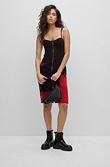 Zip-front corset dress in degradé stretch denim, Patterned