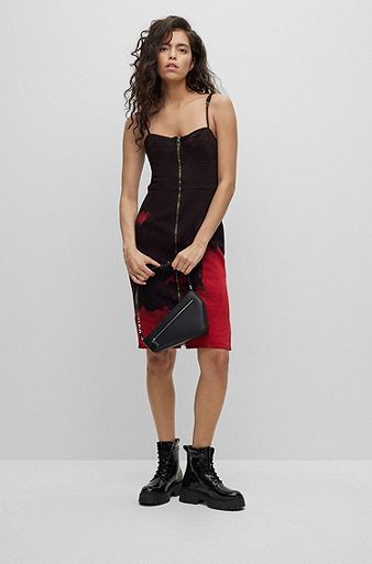 Zip-front corset dress in degradé stretch denim, Patterned