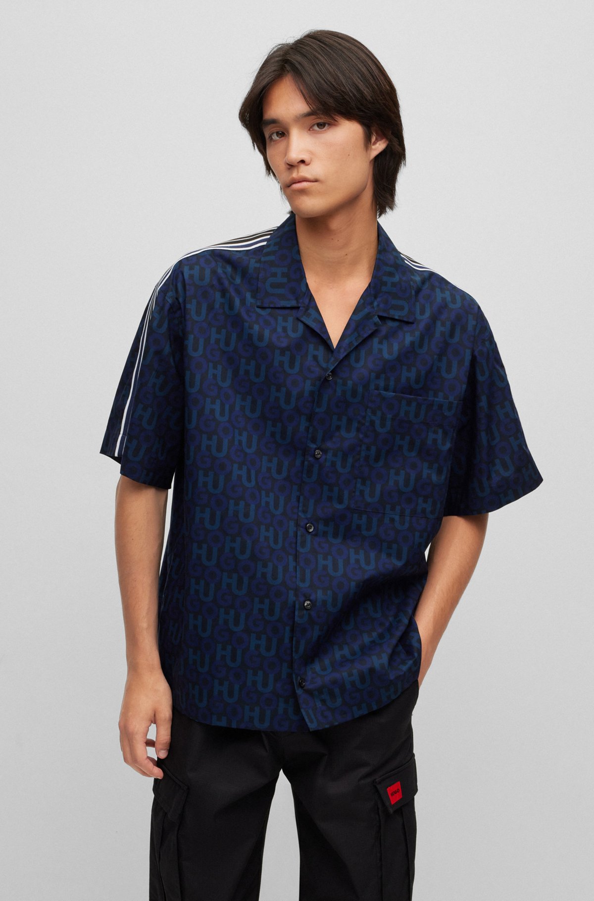 Oversized-fit shirt in logo-print cotton poplin, Dark Blue