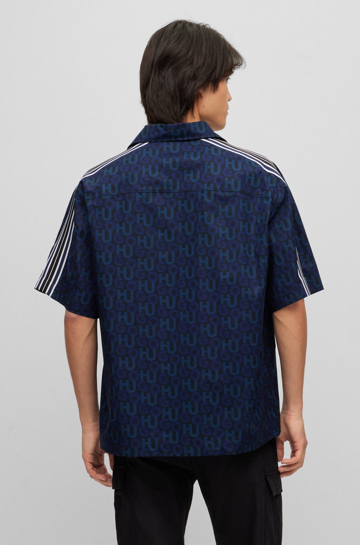 Oversized-fit shirt in logo-print cotton poplin, Dark Blue