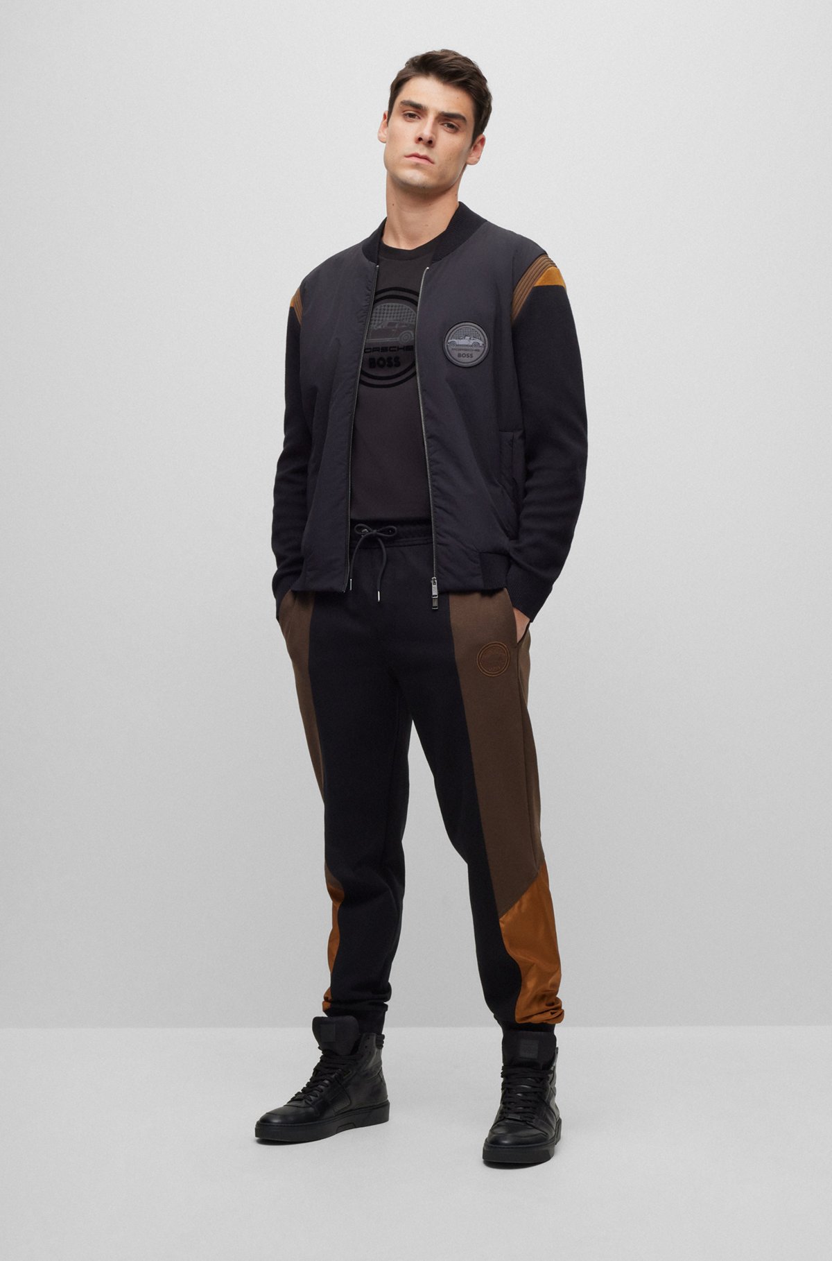 Porsche x BOSS water-repellent tracksuit bottoms with logo embroidery, Black