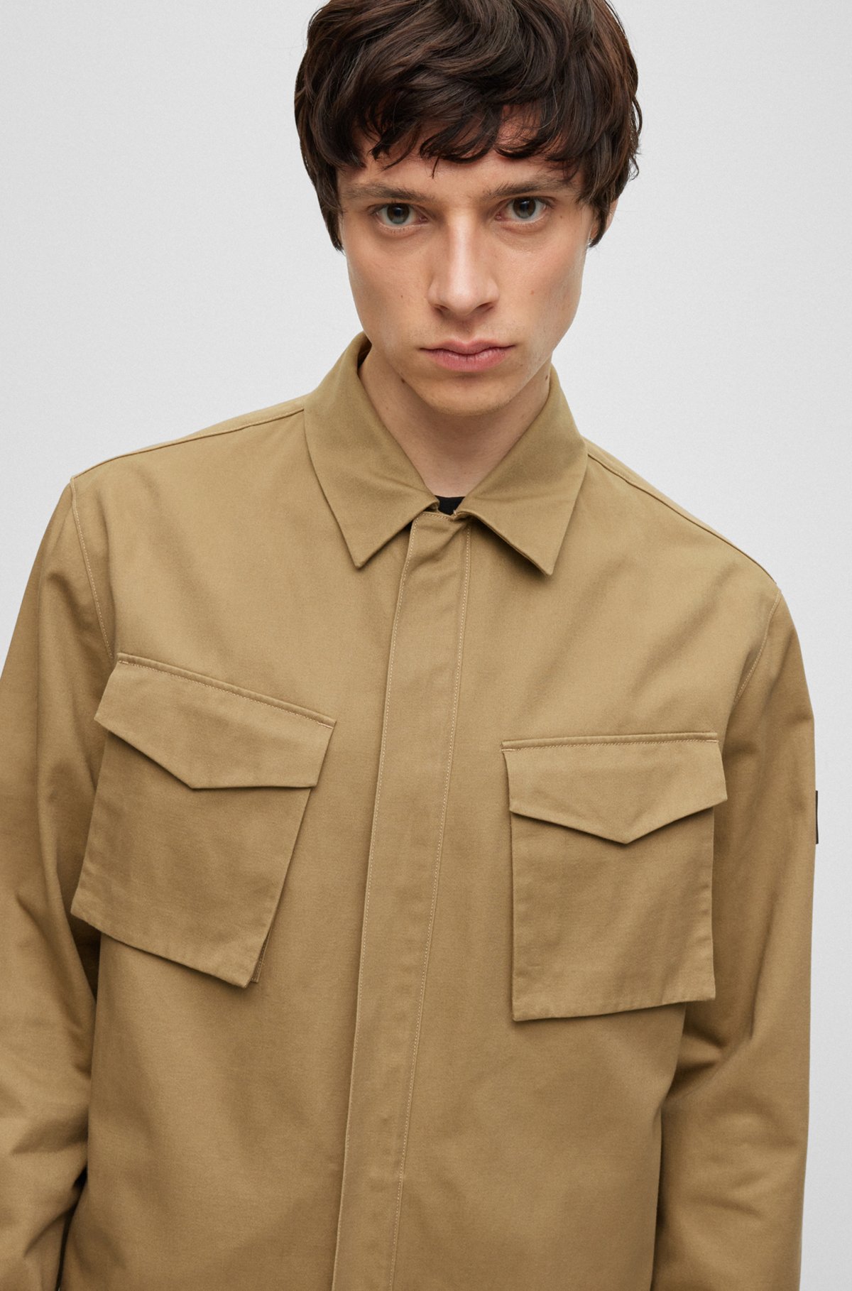 Oversized-fit overshirt in cotton satin with concealed zip, Light Brown