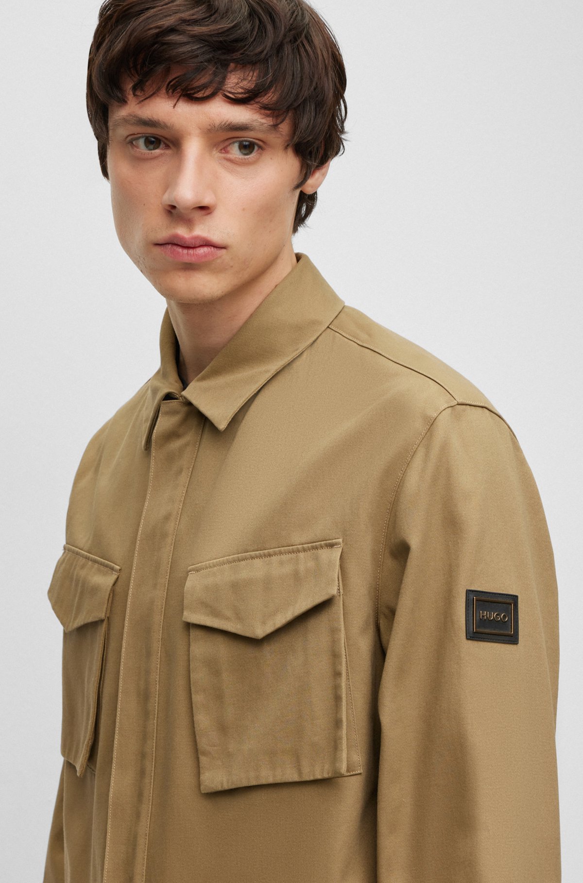 Oversized-fit overshirt in cotton satin with concealed zip, Light Brown