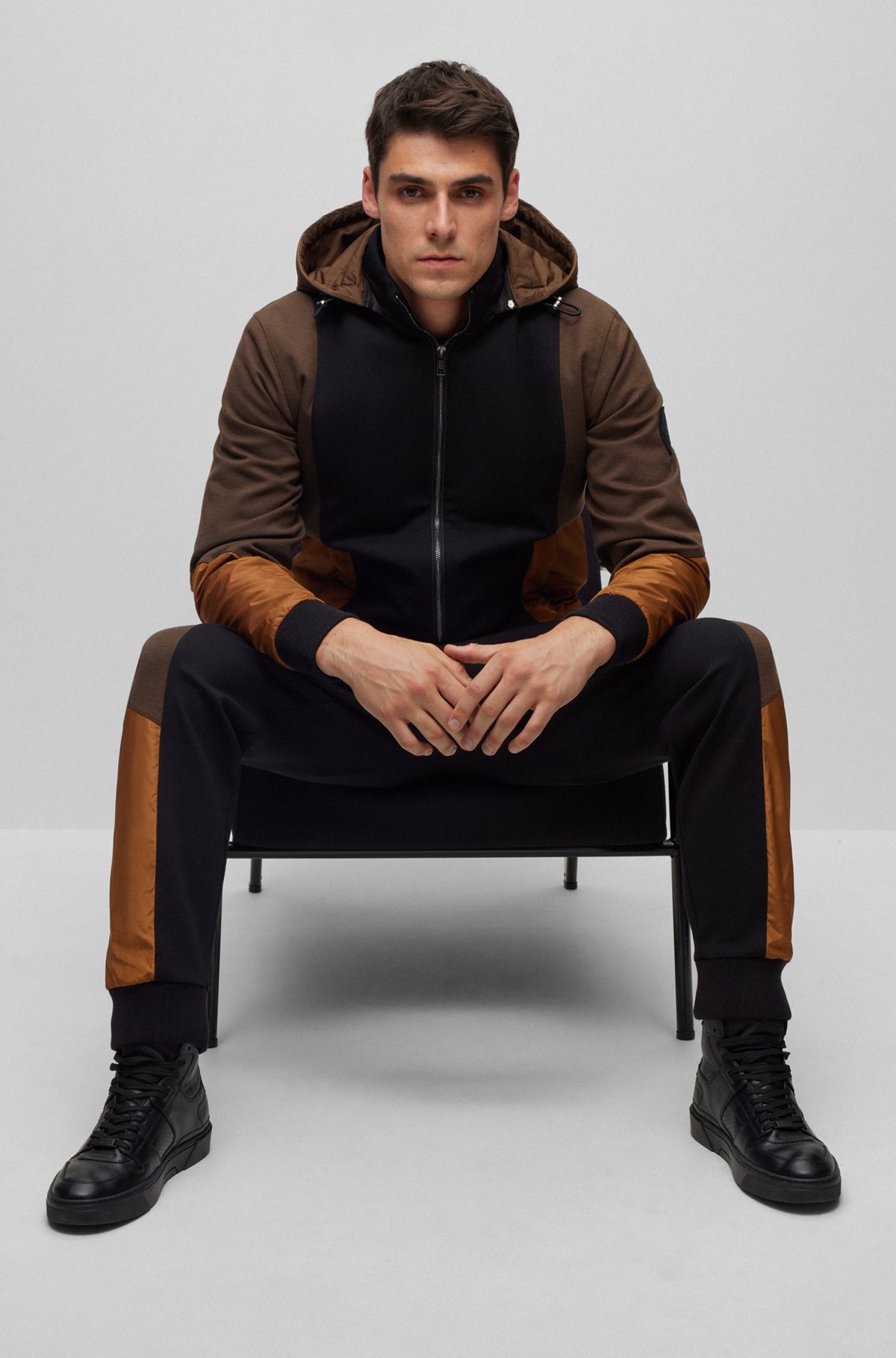 Porsche x BOSS zip-up hoodie in mixed materials, Black