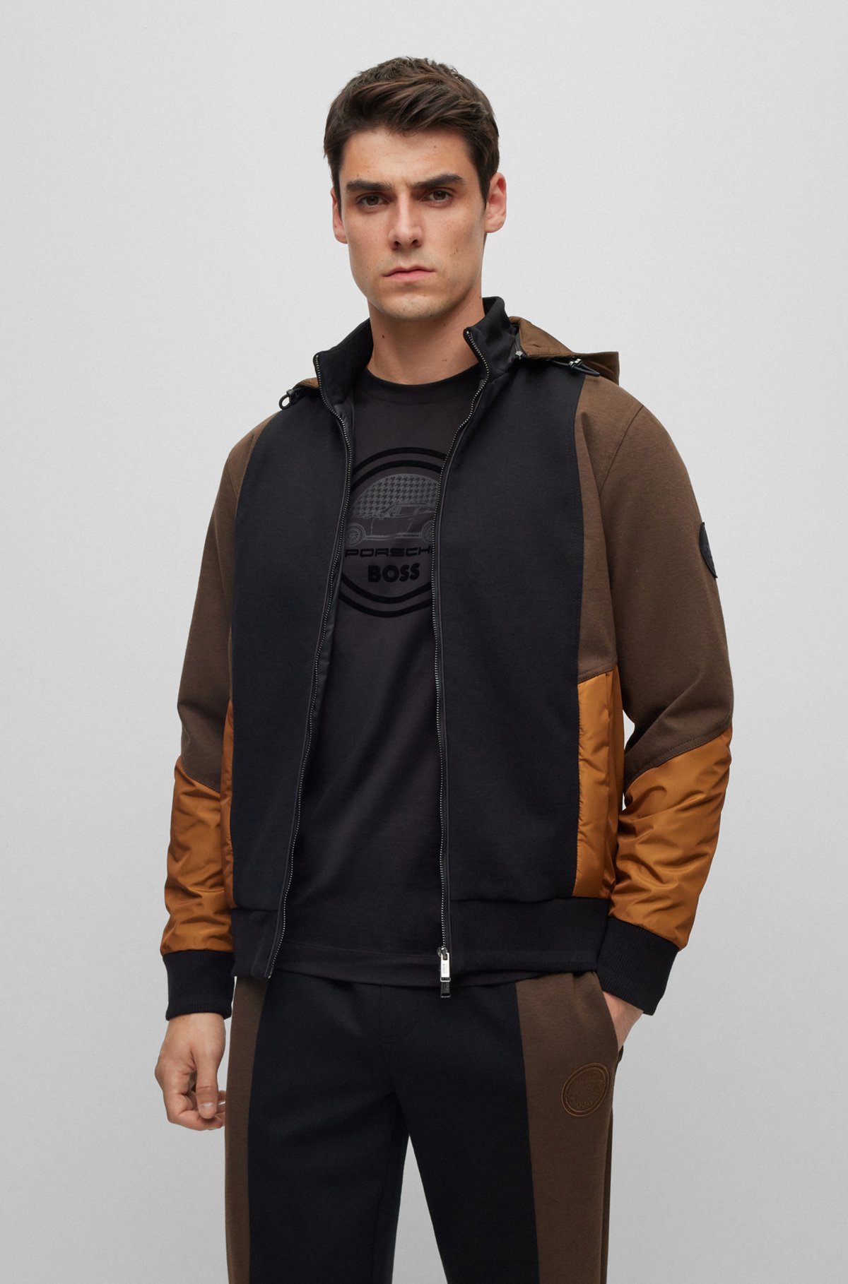 Porsche x BOSS zip-up hoodie in mixed materials, Black