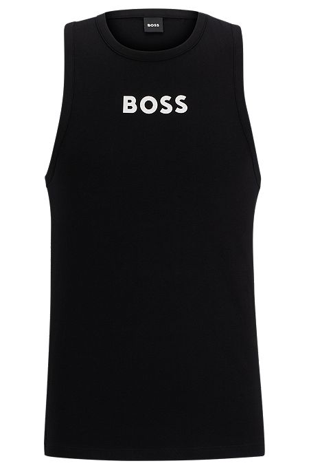 Stretch-cotton racer-back tank top with contrast logo, Black