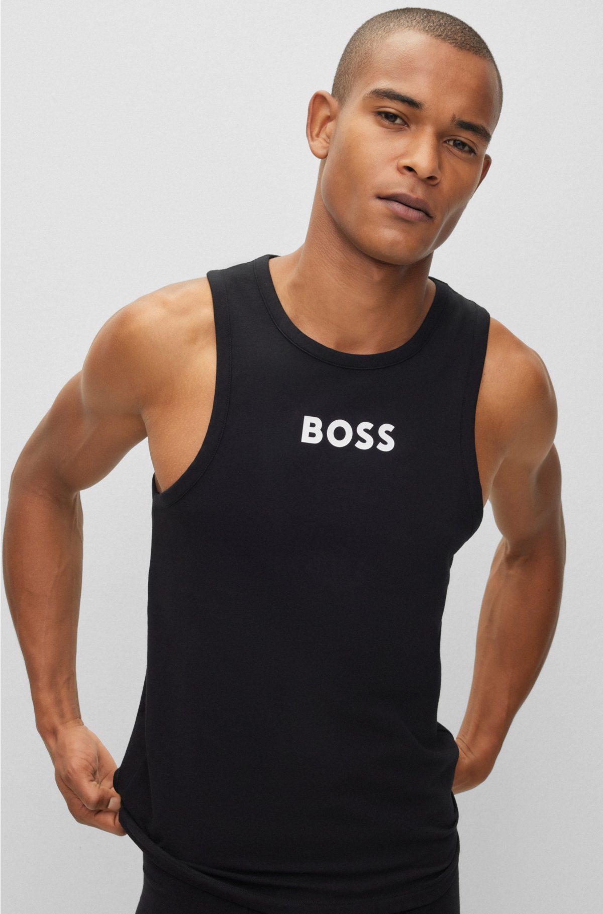Stretch-cotton racer-back tank top with contrast logo, Black