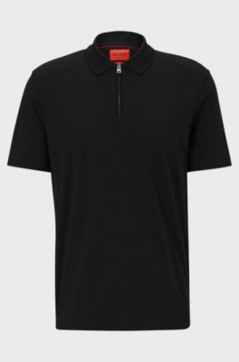 Cotton-blend polo shirt with zip placket, Black