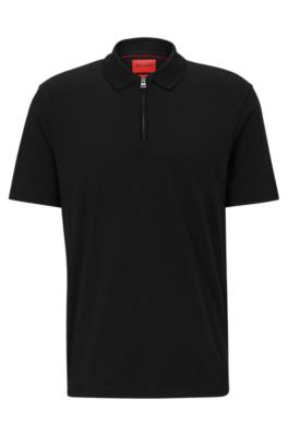 Hugo Boss Cotton-blend Polo Shirt With Zip Placket In Black