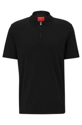 Hugo Cotton-blend Polo Shirt With Zip Placket In Black