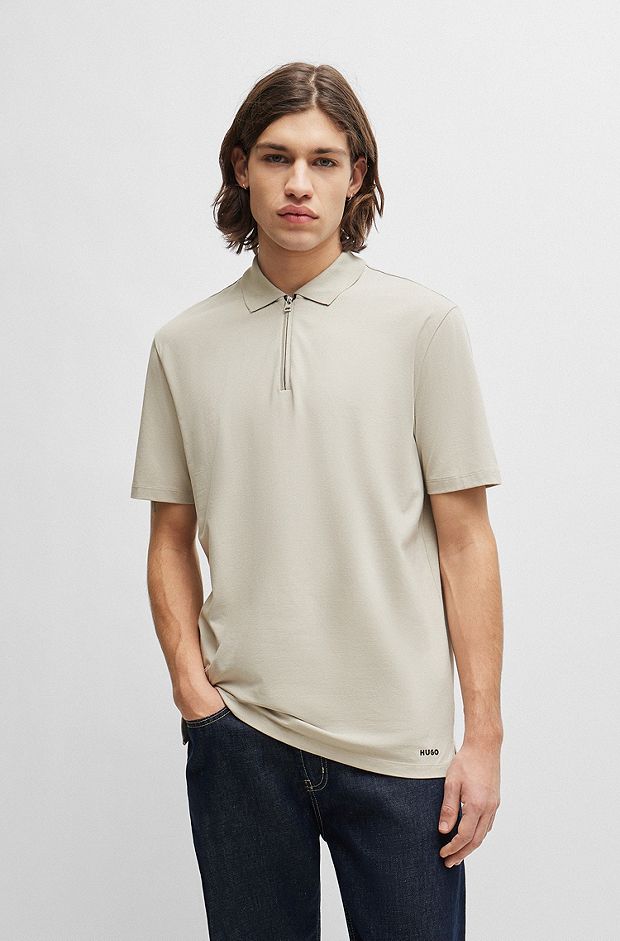 Cotton-blend polo shirt with zip placket, Light Grey