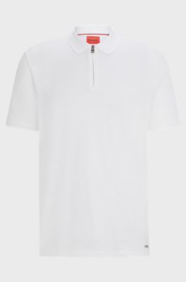 Cotton-blend polo shirt with zip placket, White