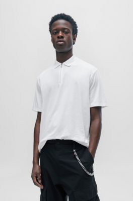 Cotton-blend polo shirt with zip placket, White