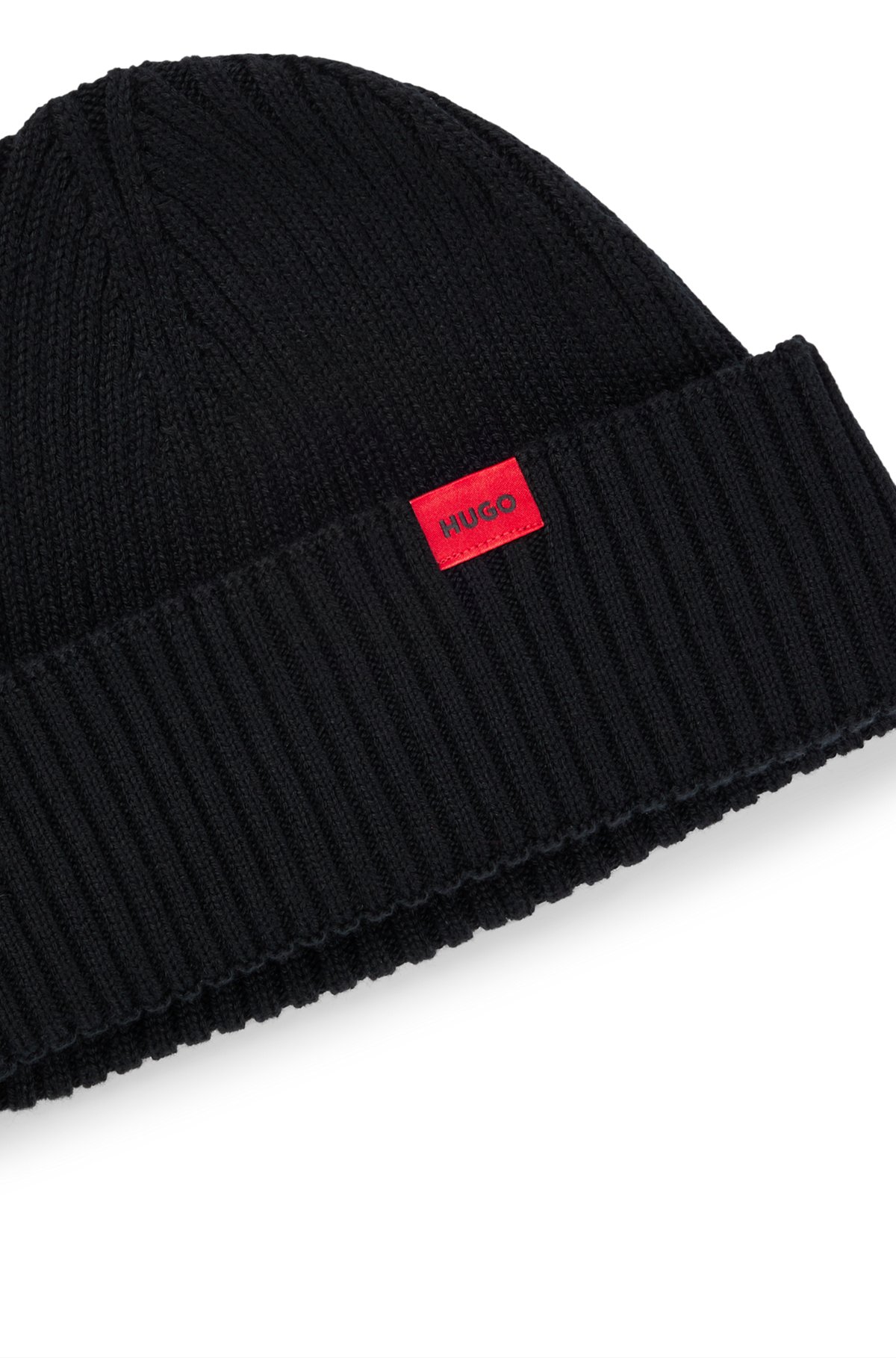 HUGO - Ribbed beanie hat with red logo label