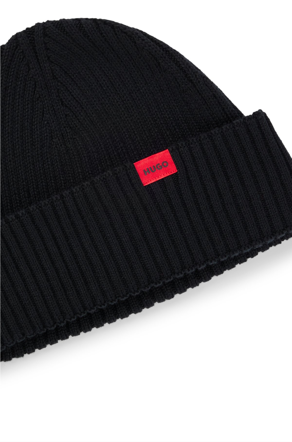 HUGO - Ribbed beanie hat with red logo label