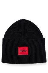 Logo-label beanie hat in a ribbed wool blend , Black
