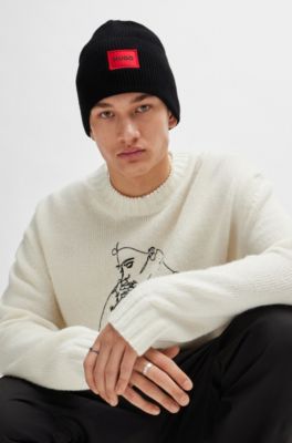 HUGO - Ribbed beanie hat with red logo label