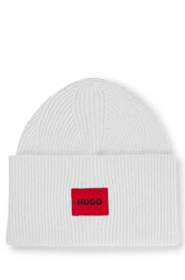 Hugo Boss Logo-label Beanie Hat In A Ribbed Wool Blend In White