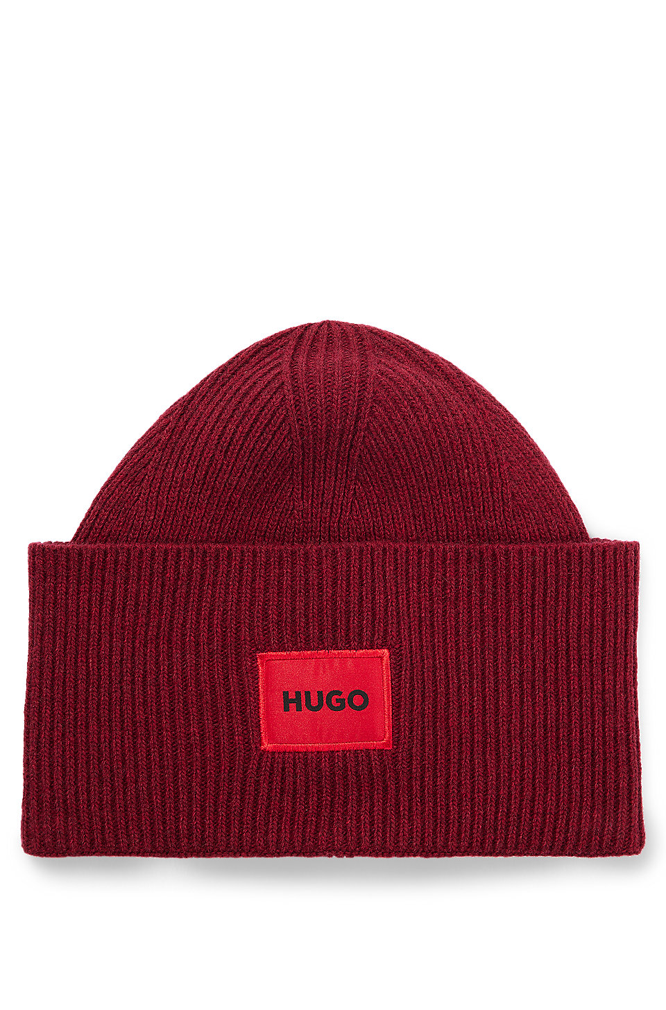 HUGO - Logo-label beanie hat in a ribbed wool blend
