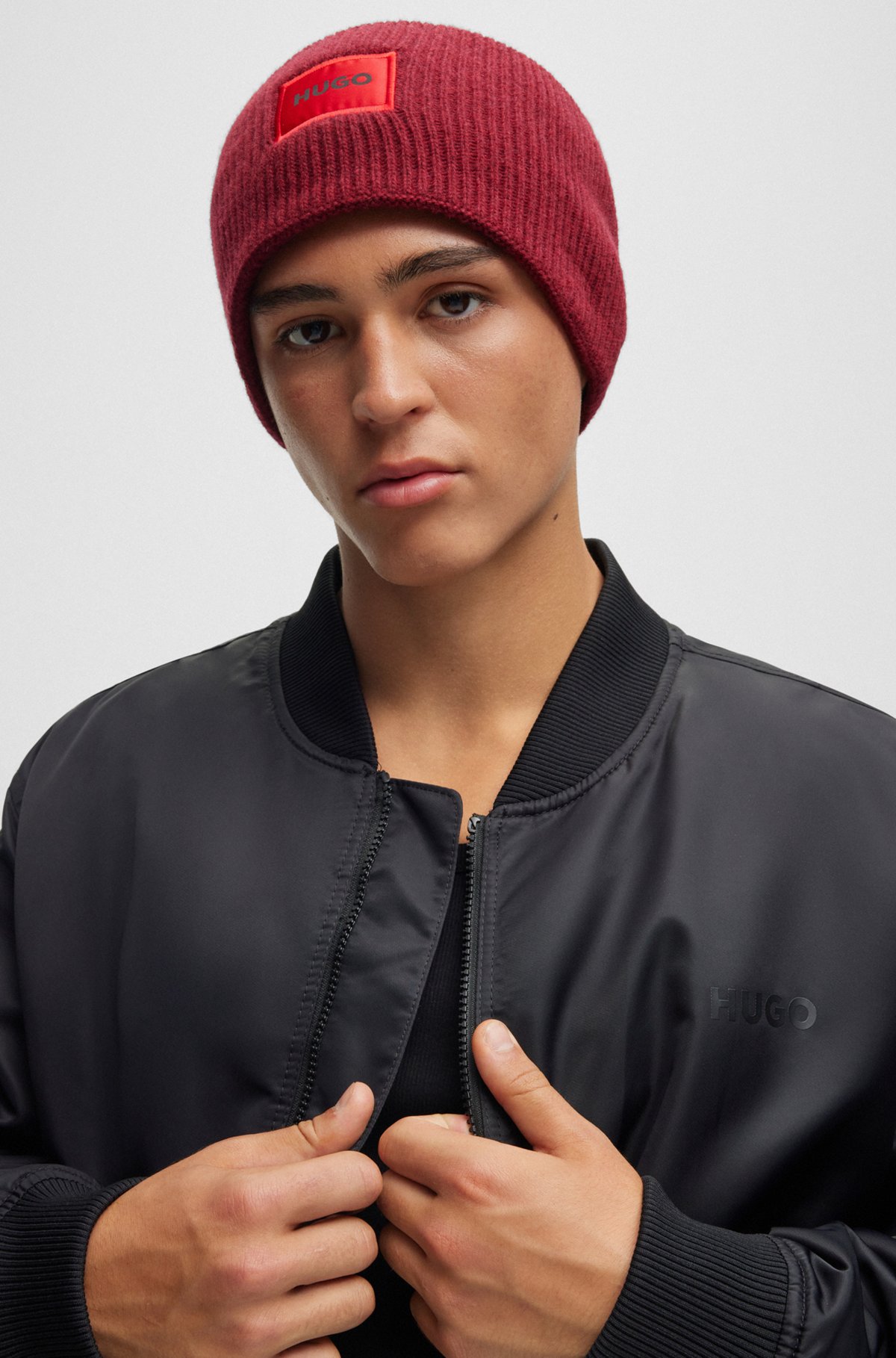 HUGO - Logo-label beanie hat in a ribbed wool blend