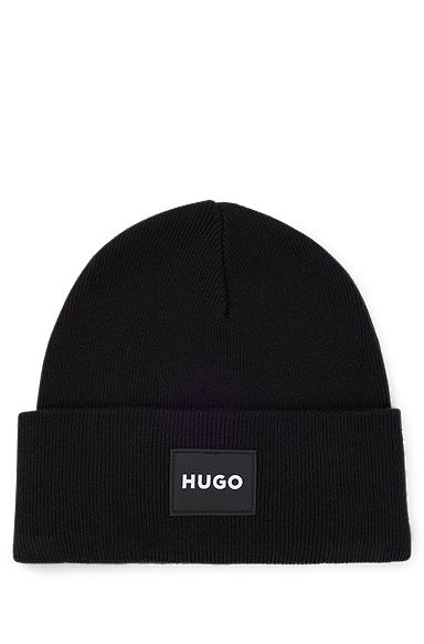 Knitted beanie hat with logo detail, Black