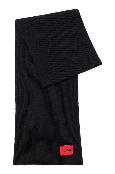 Ribbed wool-blend scarf with red logo label, Black