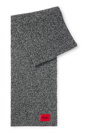 Ribbed wool-blend scarf with red logo label, Dark Grey