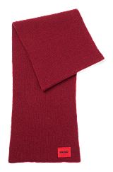 Ribbed wool-blend scarf with red logo label, Dark Red