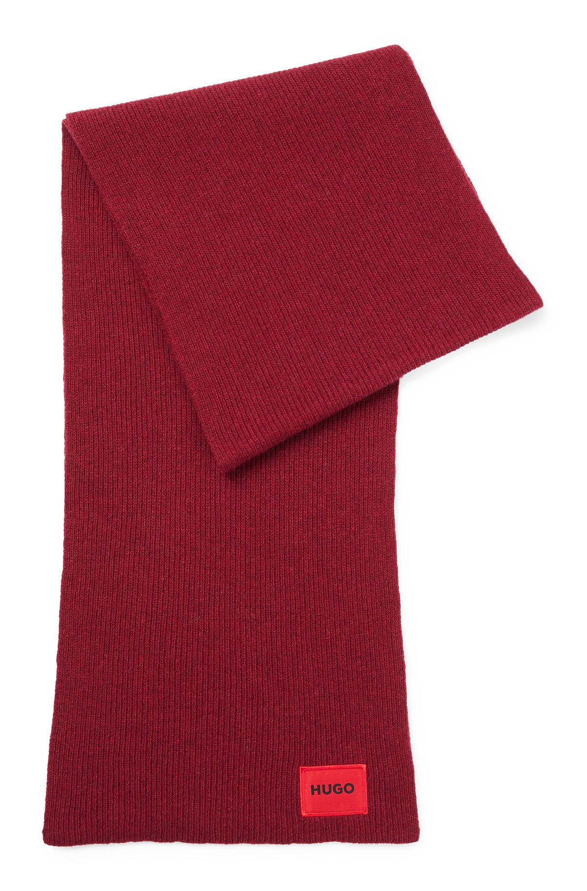 Bufanda de canalé en mezcla de lana con etiqueta de logo roja, Rojo oscuro