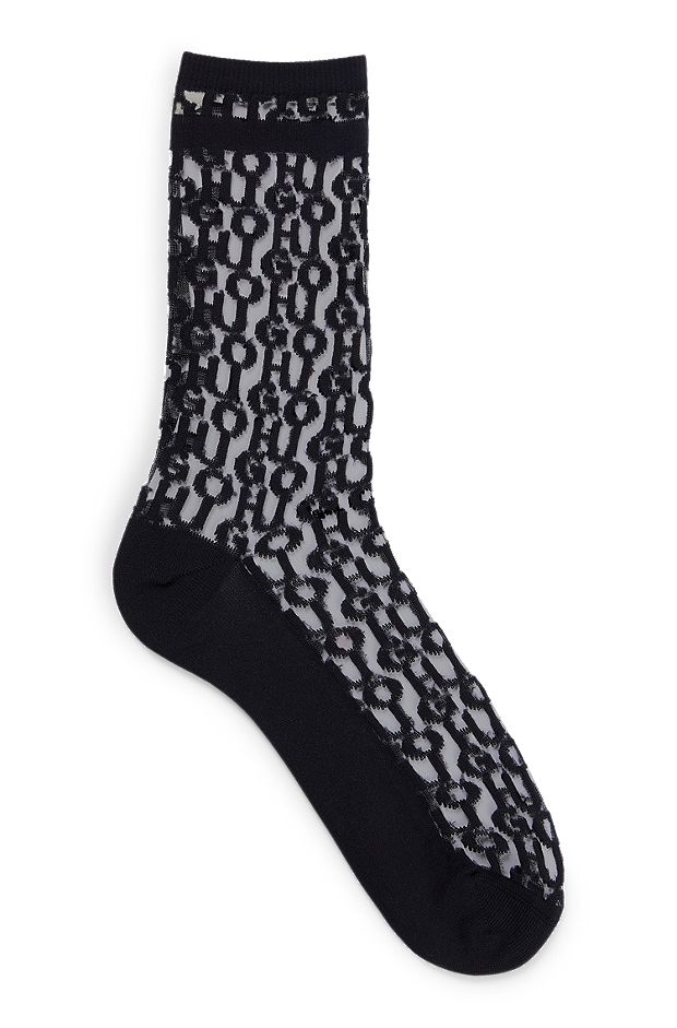 Regular-length socks with monogram pattern and solid trims, Black