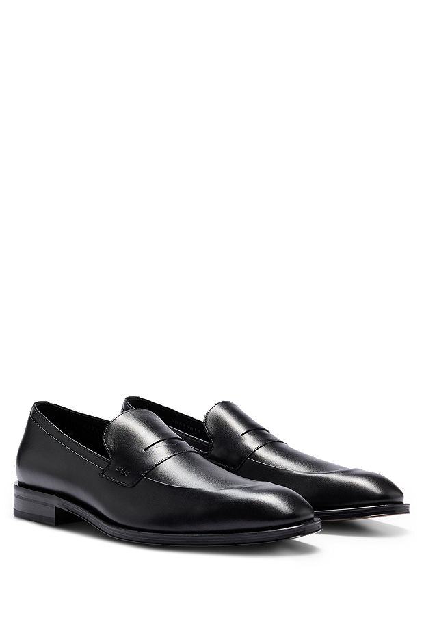 Italian leather loafers with apron toe and branded trim, Black