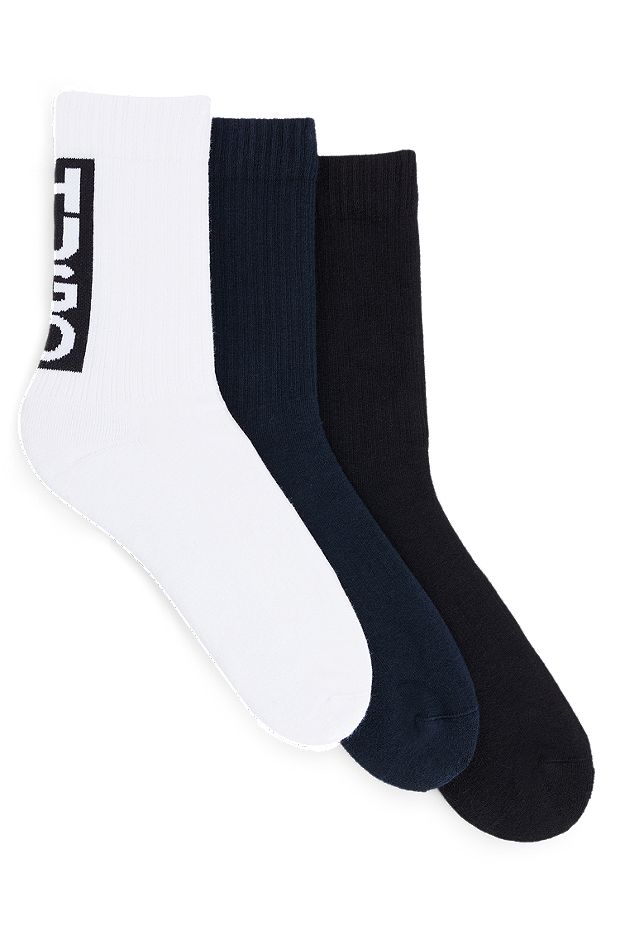 Paquete de tres pares de calcetines cortos en mezcla de algodón con la marca, Negro / Blanco / Azul