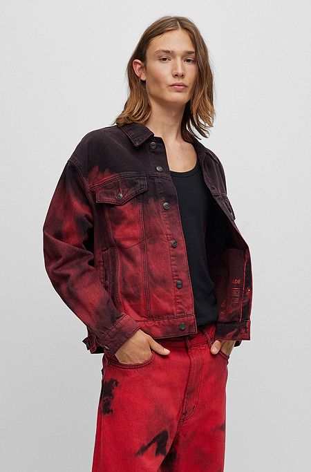 Giubbotto relaxed fit in denim rigido dip-dye, Rosso